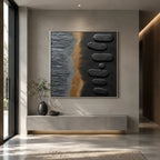 Wabi-Sabi abstract oil painting showing layered abstract marks, texture and expressive painterly movement in a black palette.