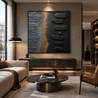Wabi-Sabi abstract oil painting showing layered abstract marks, texture and expressive painterly movement in a black palette.
