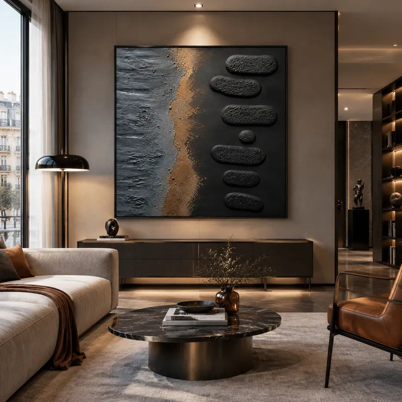 Wabi-Sabi abstract oil painting showing layered abstract marks, texture and expressive painterly movement in a black palette.