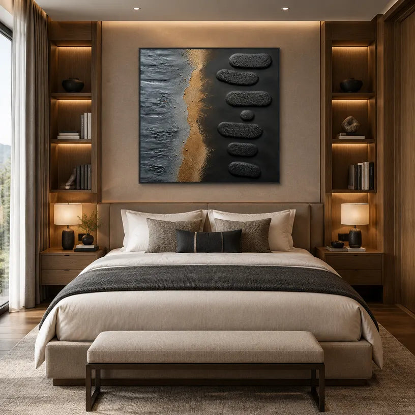 Wabi-Sabi abstract oil painting showing layered abstract marks, texture and expressive painterly movement in a black palette.