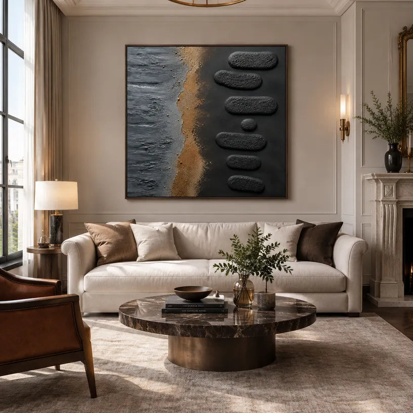 Wabi-Sabi abstract oil painting showing layered abstract marks, texture and expressive painterly movement in a black palette.