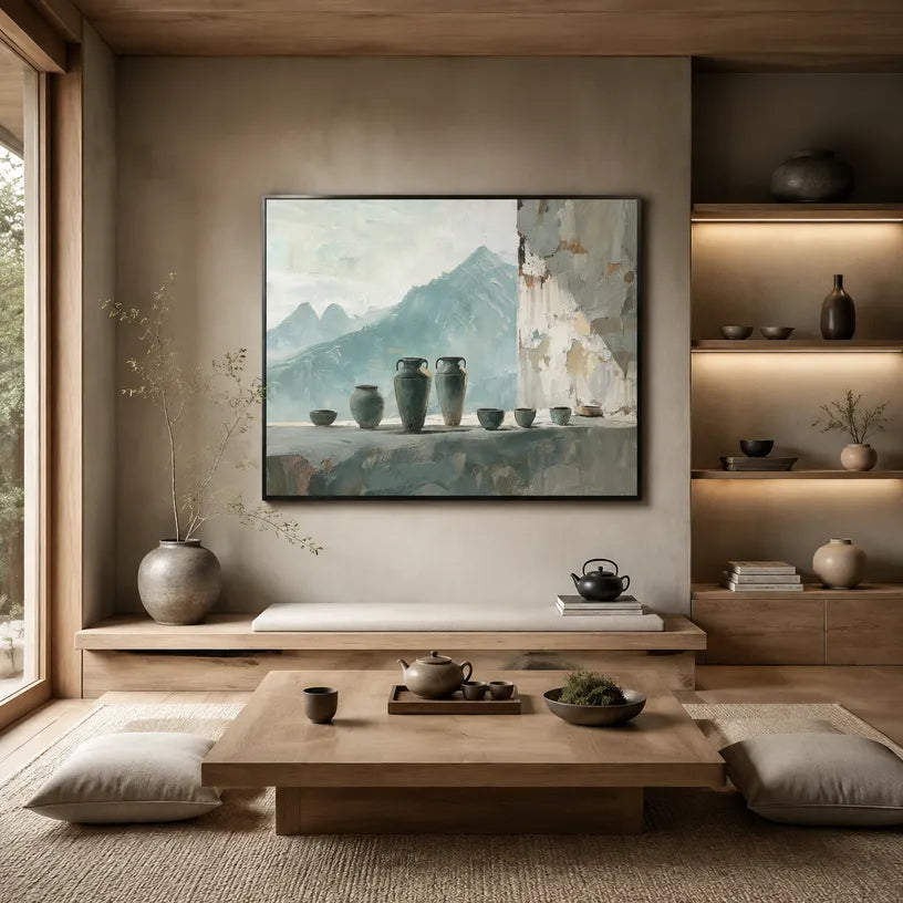 Wabi-Sabi abstract oil painting showing layered abstract marks, texture and expressive painterly movement.