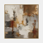 Wabi-Sabi abstract oil painting showing layered abstract marks, texture and expressive painterly movement in a brown palette.