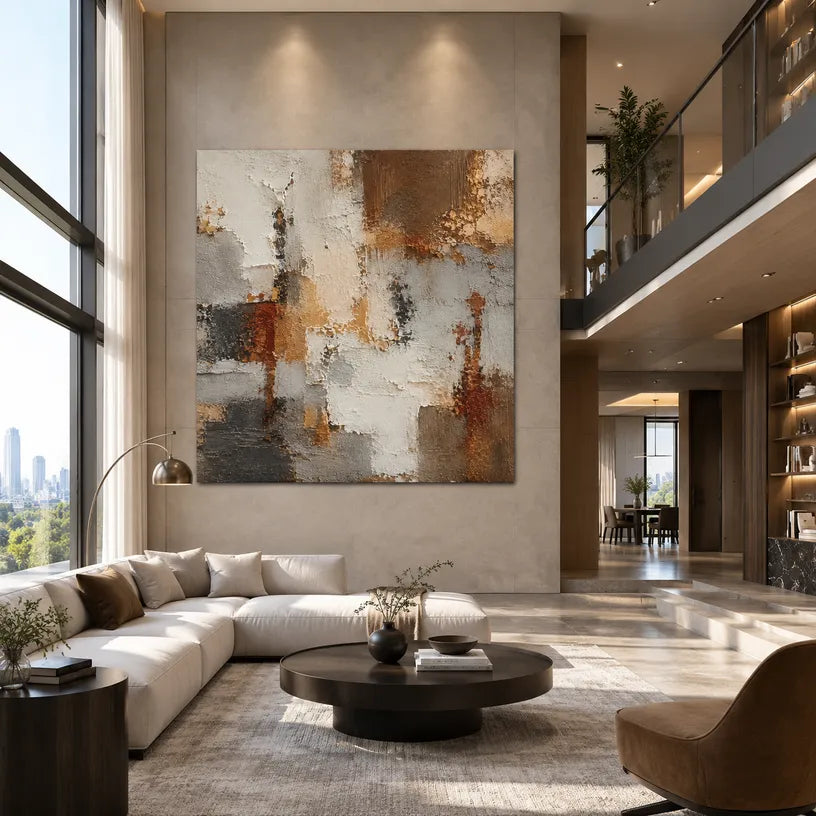 Wabi-Sabi abstract oil painting showing layered abstract marks, texture and expressive painterly movement in a brown palette.