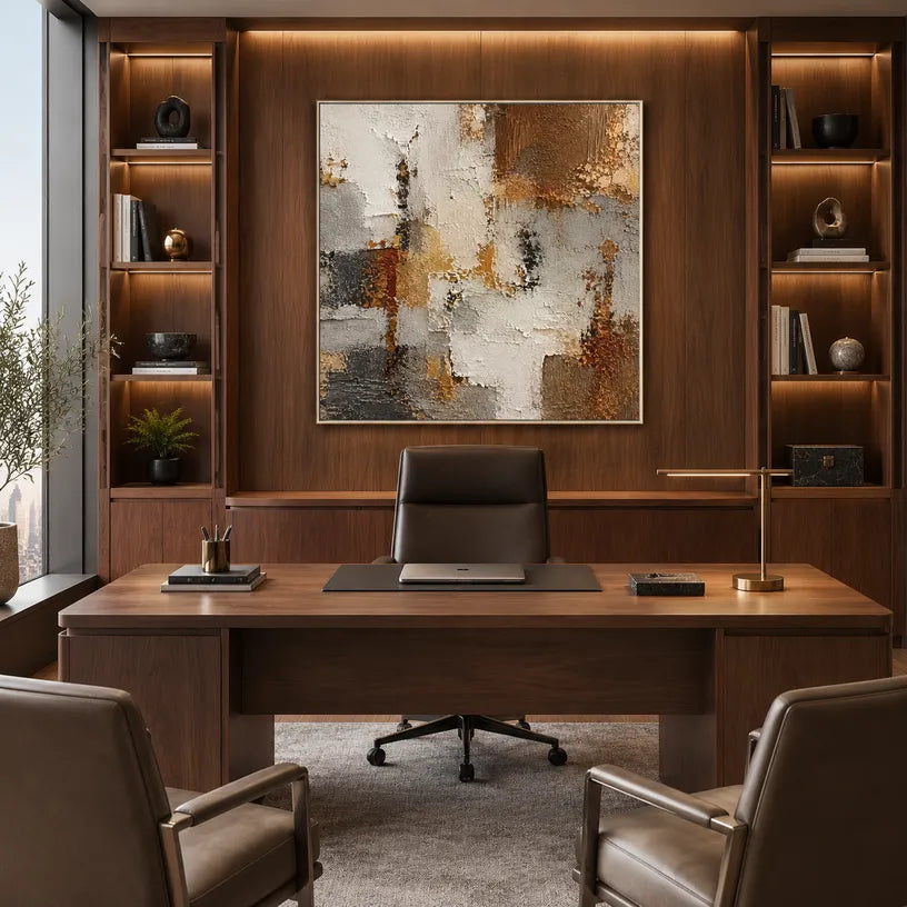 Wabi-Sabi abstract oil painting showing layered abstract marks, texture and expressive painterly movement in a brown palette.