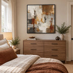 Wabi-Sabi abstract oil painting showing layered abstract marks, texture and expressive painterly movement in a brown palette.