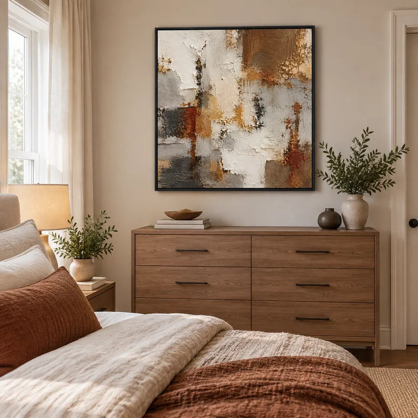 Wabi-Sabi abstract oil painting showing layered abstract marks, texture and expressive painterly movement in a brown palette.
