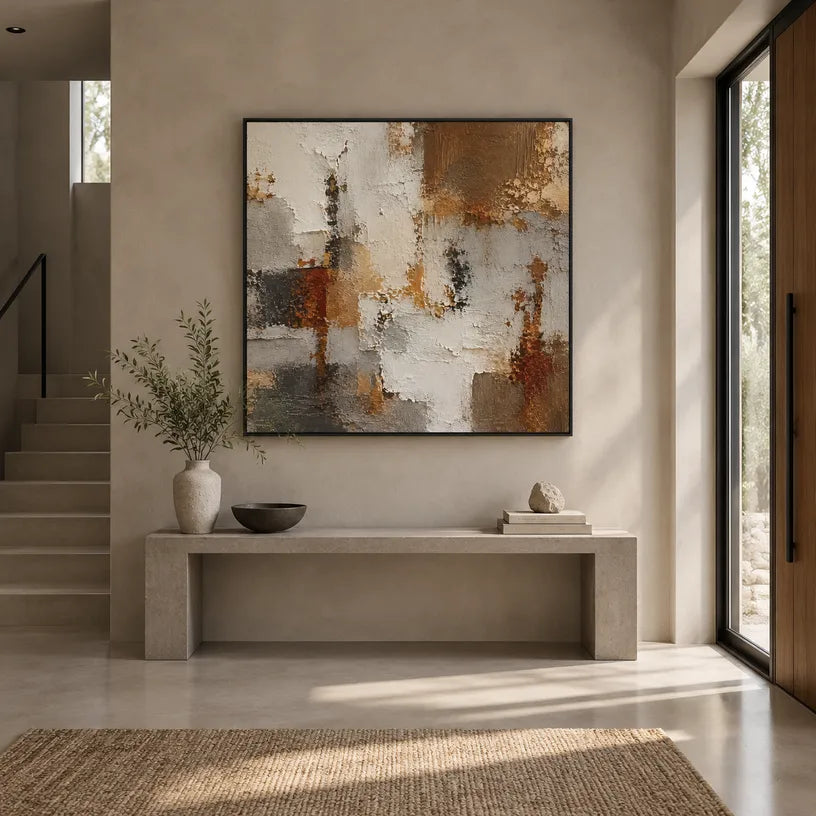 Wabi-Sabi abstract oil painting showing layered abstract marks, texture and expressive painterly movement in a brown palette.
