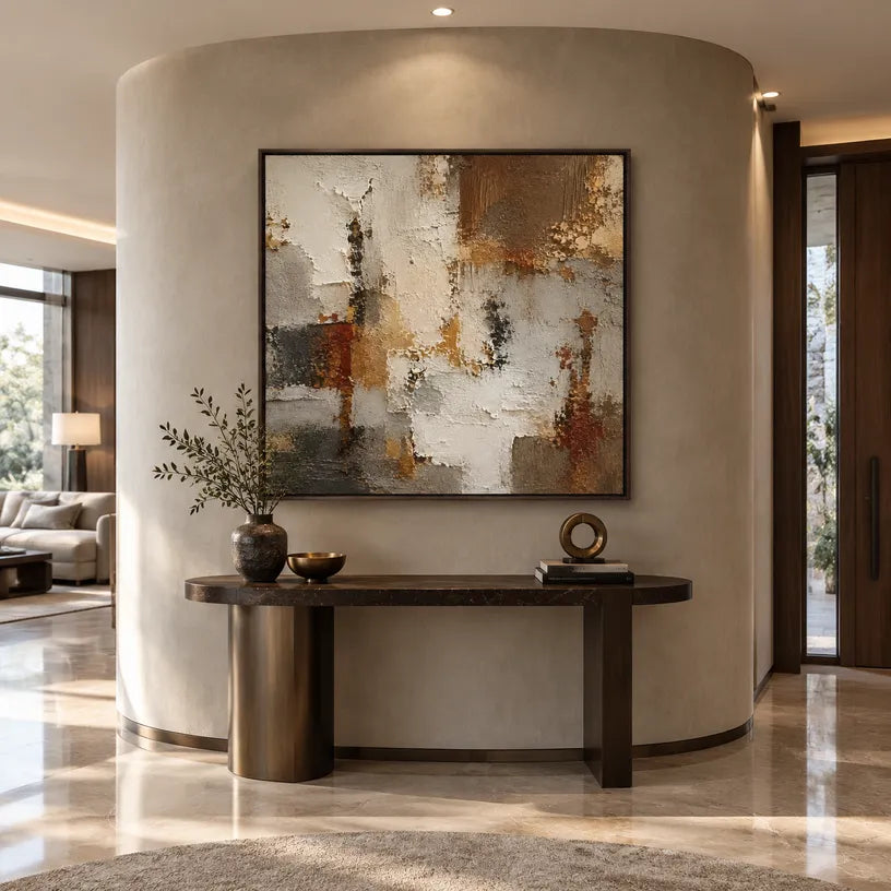 Wabi-Sabi abstract oil painting showing layered abstract marks, texture and expressive painterly movement in a brown palette.