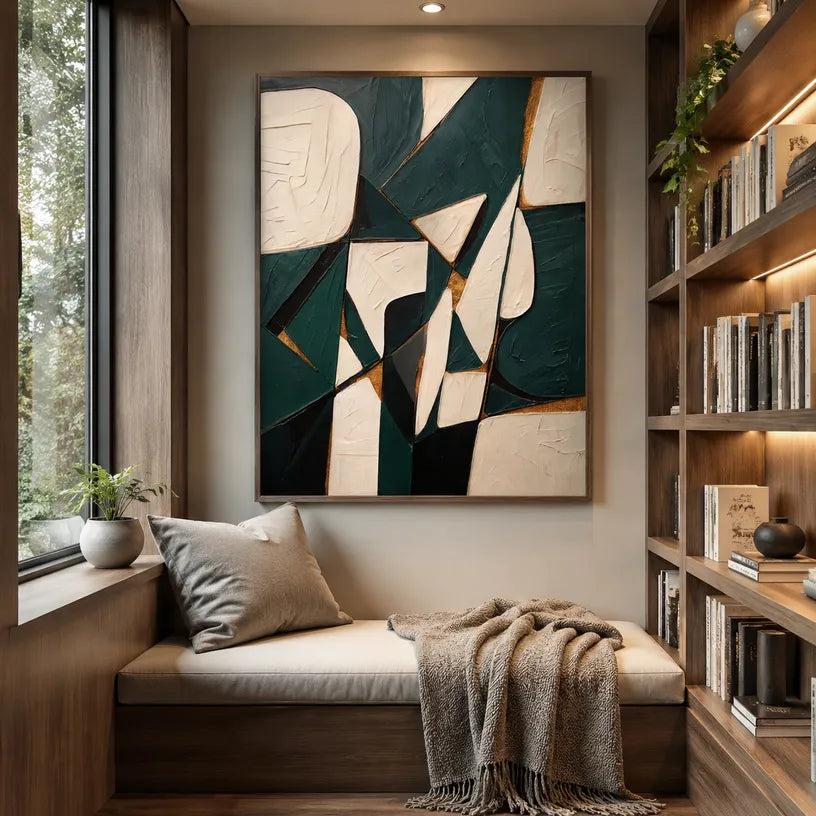 Wabi-Sabi abstract oil painting showing layered abstract marks, texture and expressive painterly movement in a beige palette.