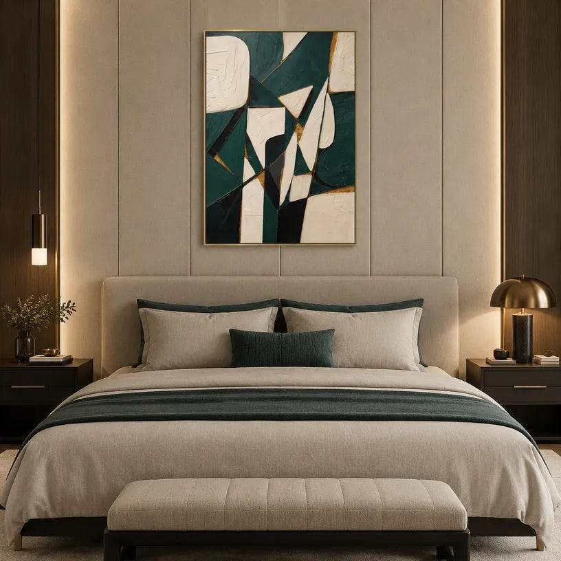 Wabi-Sabi abstract oil painting showing layered abstract marks, texture and expressive painterly movement in a beige palette.