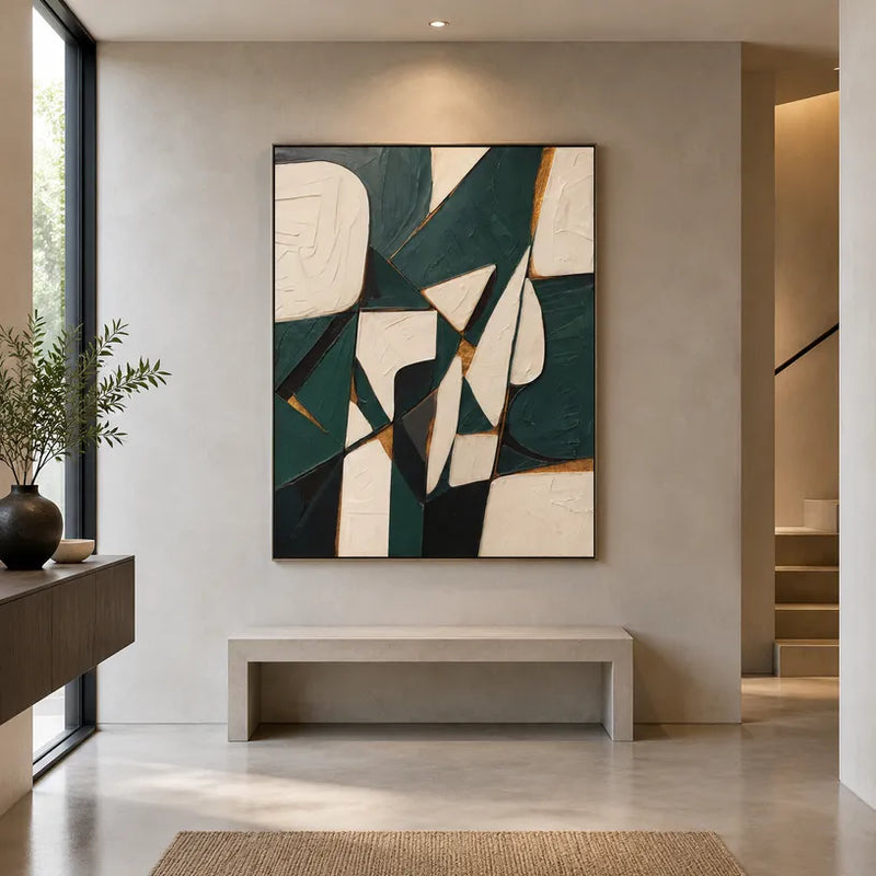Peinture à l'huile abstraite et conceptuelle Wabi-Sabi présentant des marques abstraites superposées, une texture et un mouvement pictural expressif dans une palette verte.