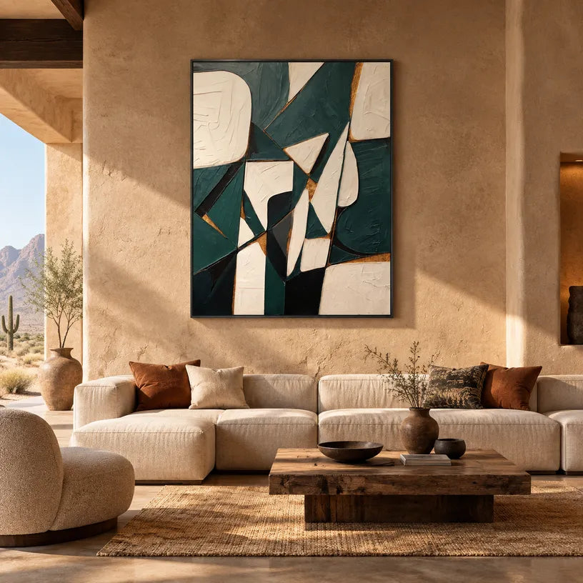 Wabi-Sabi abstract oil painting showing layered abstract marks, texture and expressive painterly movement in a beige palette.
