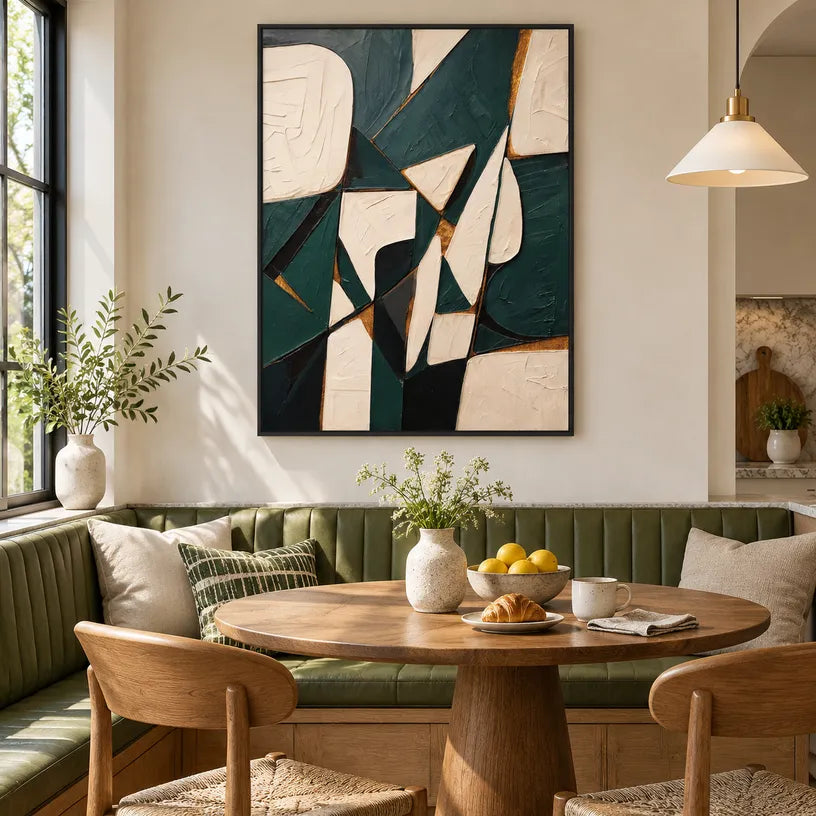Wabi-Sabi abstract oil painting showing layered abstract marks, texture and expressive painterly movement in a beige palette.