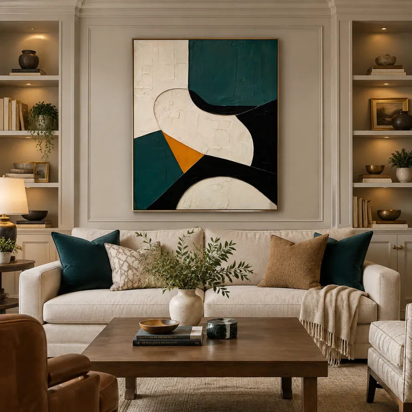 Wabi-Sabi abstract oil painting showing layered abstract marks, texture and expressive painterly movement in a beige palette.