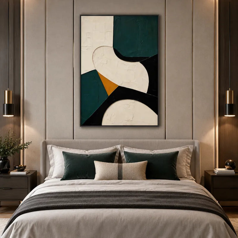Peinture à l'huile abstraite et conceptuelle Wabi-Sabi présentant des marques abstraites superposées, une texture et un mouvement pictural expressif dans une palette beige.