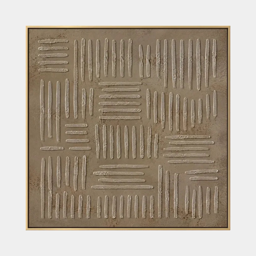 Wabi-Sabi abstract oil painting showing layered abstract marks, texture and expressive painterly movement in a brown palette.