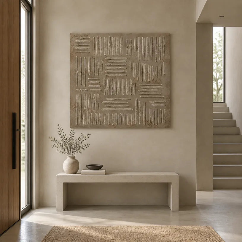 Wabi-Sabi abstract oil painting showing layered abstract marks, texture and expressive painterly movement in a brown palette.