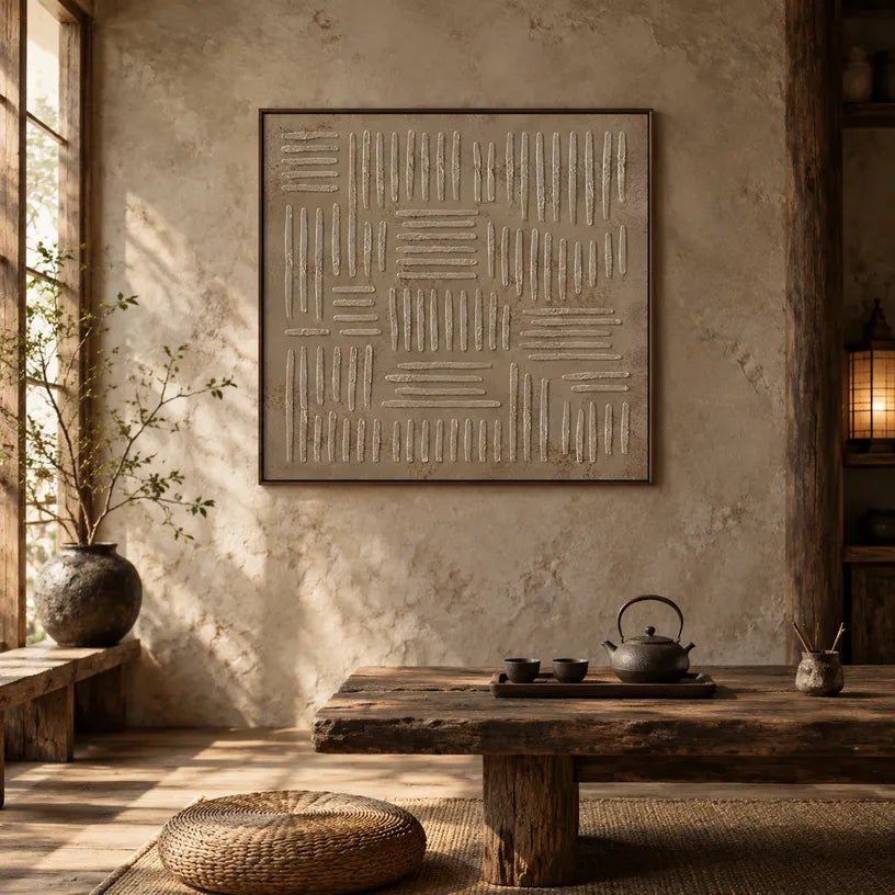 Wabi-Sabi abstract oil painting showing layered abstract marks, texture and expressive painterly movement in a brown palette.