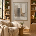 Wabi-Sabi abstract oil painting showing layered abstract marks, texture and expressive painterly movement in a brown palette.