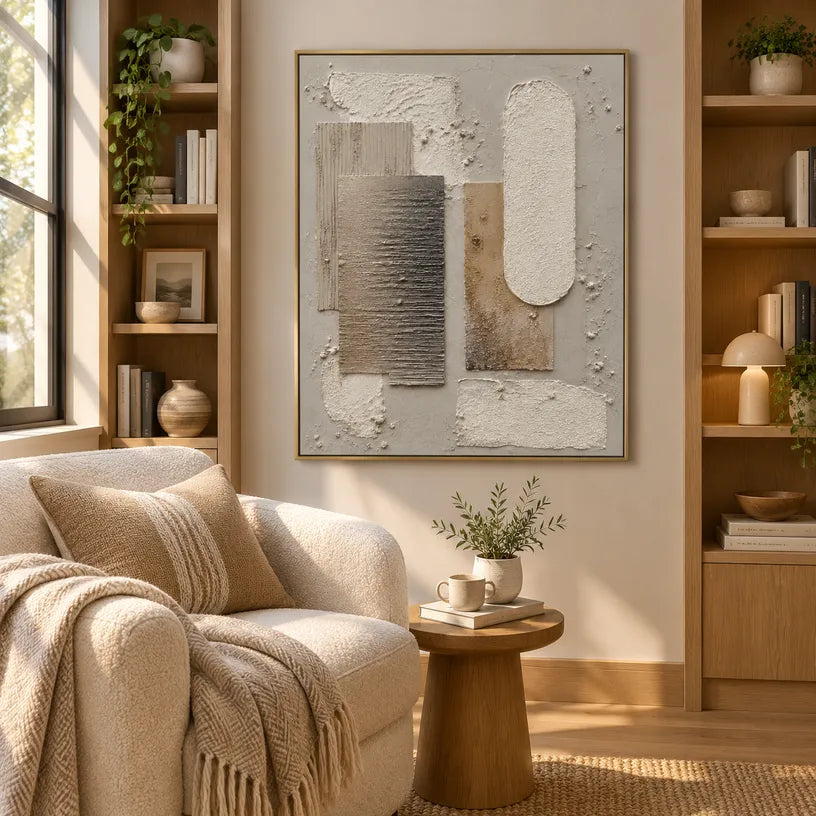 Wabi-Sabi abstract oil painting showing layered abstract marks, texture and expressive painterly movement in a brown palette.