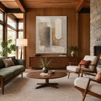 Wabi-Sabi abstract oil painting showing layered abstract marks, texture and expressive painterly movement in a brown palette.