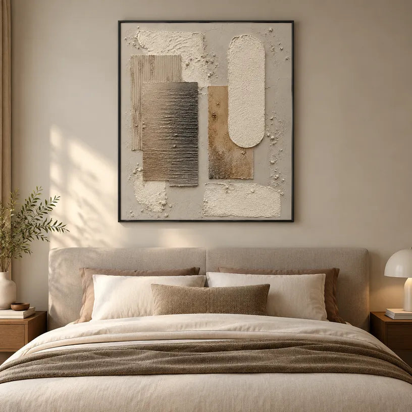 Wabi-Sabi abstract oil painting showing layered abstract marks, texture and expressive painterly movement in a brown palette.