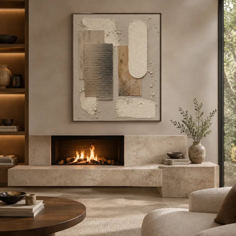 Wabi-Sabi abstract oil painting showing layered abstract marks, texture and expressive painterly movement in a brown palette.