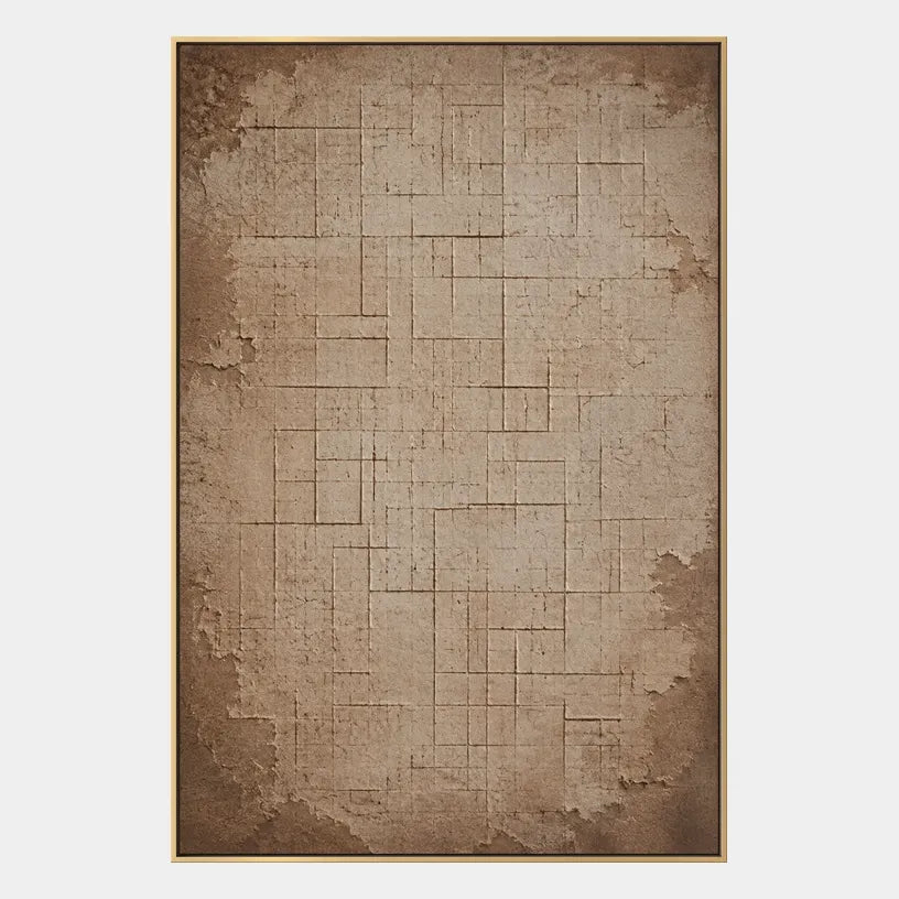 Wabi-Sabi abstract oil painting showing layered abstract marks, texture and expressive painterly movement in a brown palette.