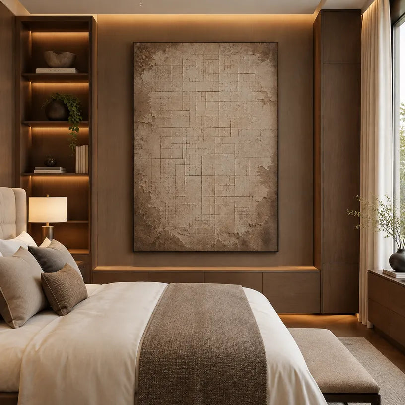 Wabi-Sabi abstract oil painting showing layered abstract marks, texture and expressive painterly movement in a brown palette.