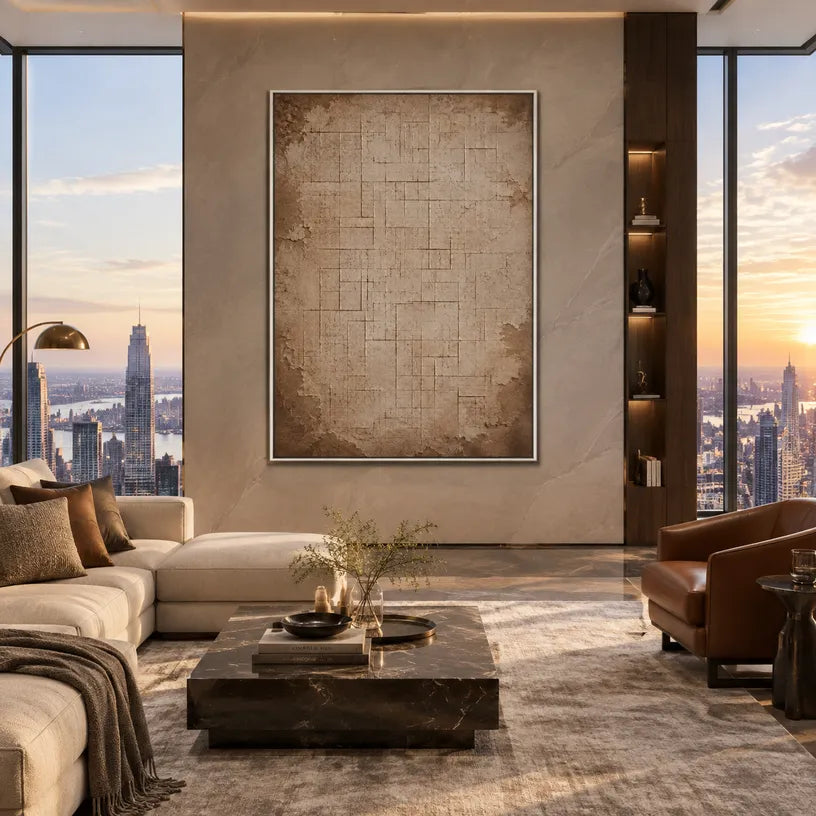 Wabi-Sabi abstract oil painting showing layered abstract marks, texture and expressive painterly movement in a brown palette.