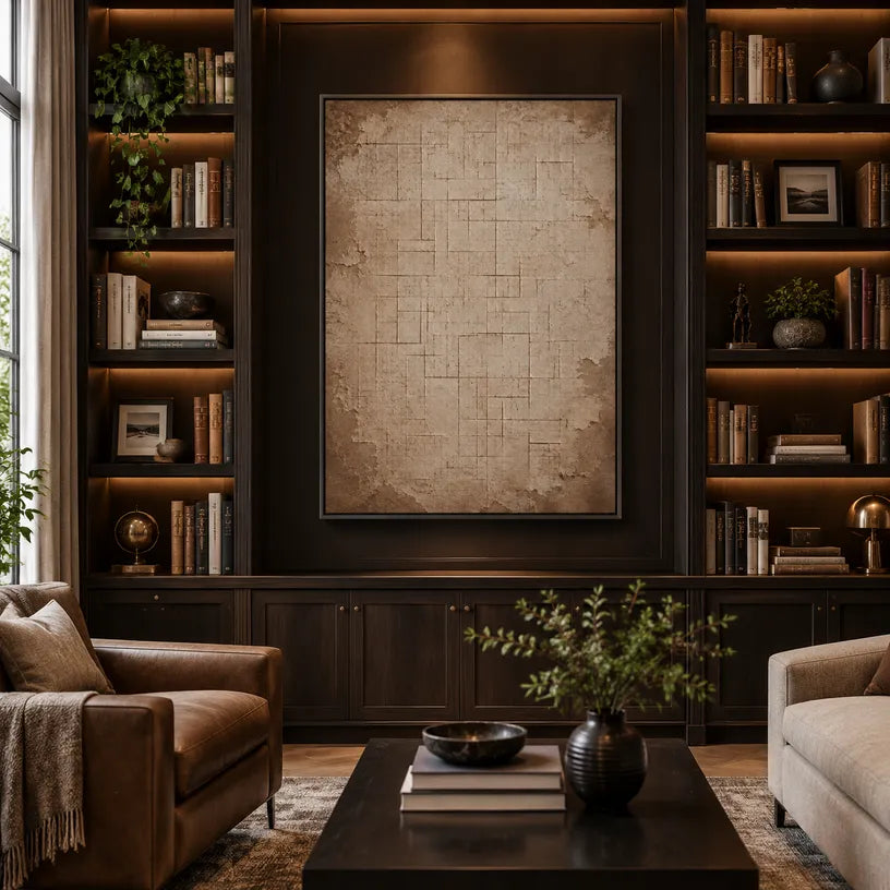 Wabi-Sabi abstract oil painting showing layered abstract marks, texture and expressive painterly movement in a brown palette.