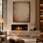 Wabi-Sabi abstract oil painting showing layered abstract marks, texture and expressive painterly movement in a brown palette.