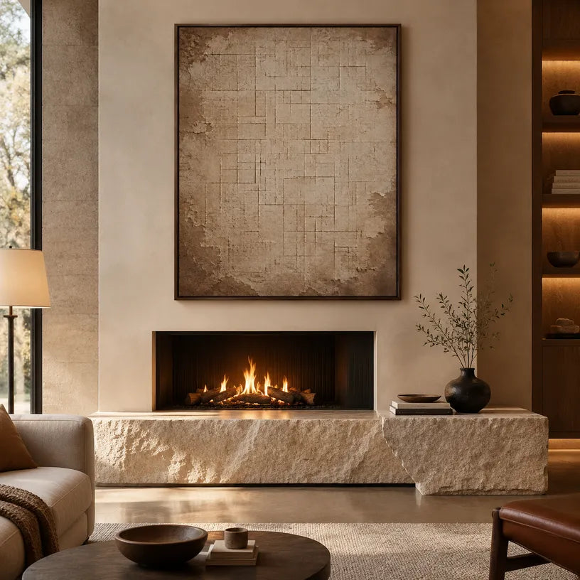 Wabi-Sabi abstract oil painting showing layered abstract marks, texture and expressive painterly movement in a brown palette.