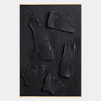 Wabi-Sabi abstract oil painting showing layered abstract marks, texture and expressive painterly movement in a black palette.