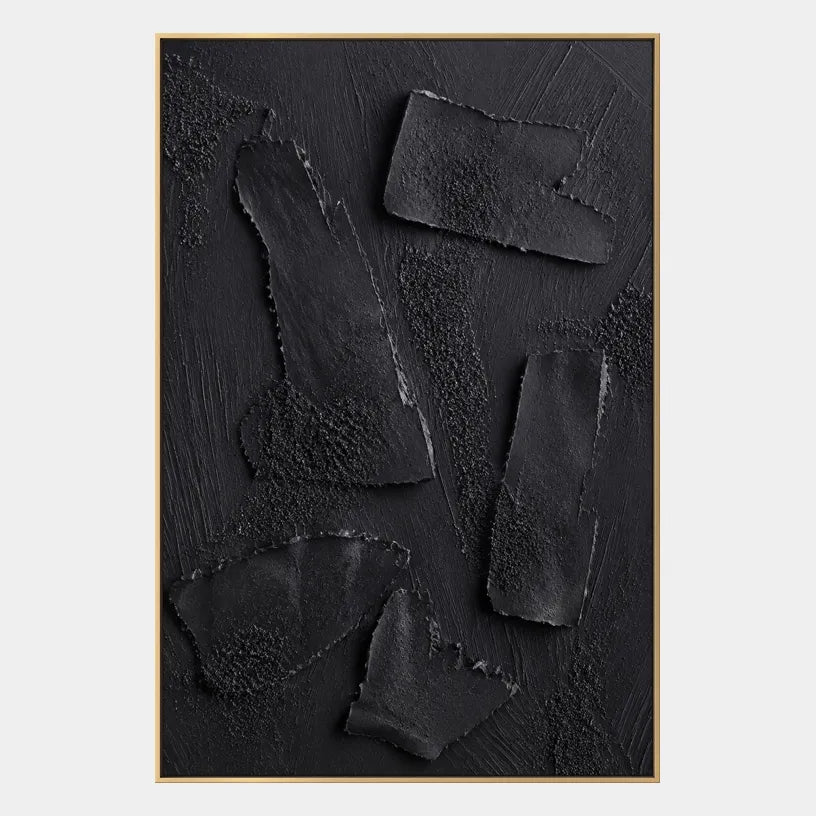 Wabi-Sabi abstract oil painting showing layered abstract marks, texture and expressive painterly movement in a black palette.
