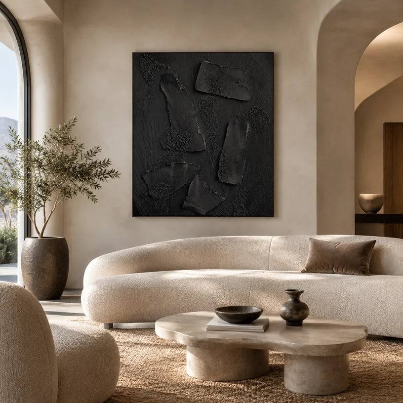 Wabi-Sabi abstract oil painting showing layered abstract marks, texture and expressive painterly movement in a black palette.