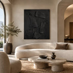Wabi-Sabi abstract oil painting showing layered abstract marks, texture and expressive painterly movement in a black palette.