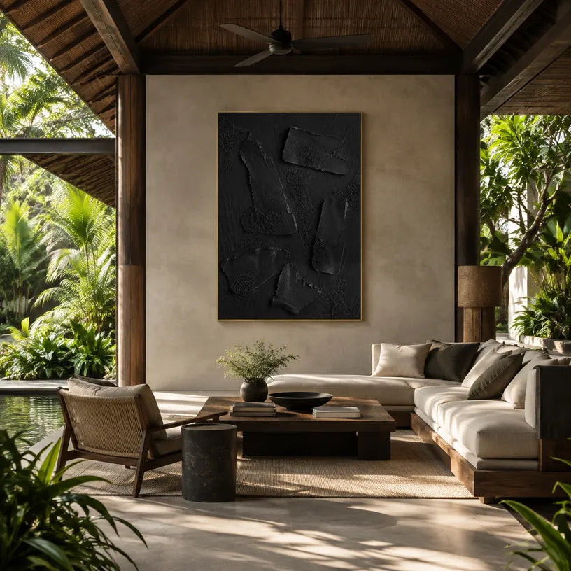 Wabi-Sabi abstract oil painting showing layered abstract marks, texture and expressive painterly movement in a black palette.