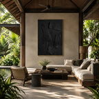 Wabi-Sabi abstract oil painting showing layered abstract marks, texture and expressive painterly movement in a black palette.