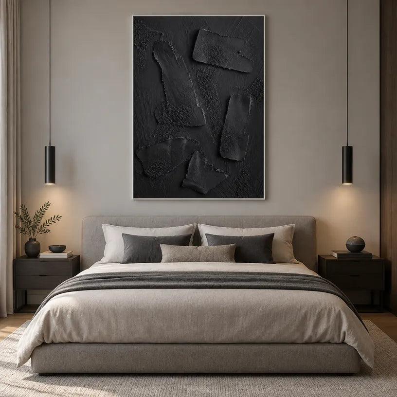 Wabi-Sabi abstract oil painting showing layered abstract marks, texture and expressive painterly movement in a black palette.