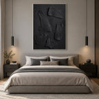 Wabi-Sabi abstract oil painting showing layered abstract marks, texture and expressive painterly movement in a black palette.