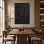 Wabi-Sabi abstract oil painting showing layered abstract marks, texture and expressive painterly movement in a black palette.