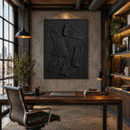 Wabi-Sabi abstract oil painting showing layered abstract marks, texture and expressive painterly movement in a black palette.