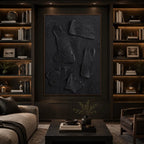 Wabi-Sabi abstract oil painting showing layered abstract marks, texture and expressive painterly movement in a black palette.