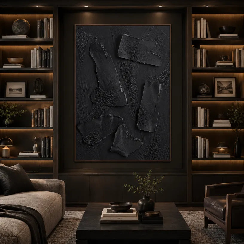 Wabi-Sabi abstract oil painting showing layered abstract marks, texture and expressive painterly movement in a black palette.