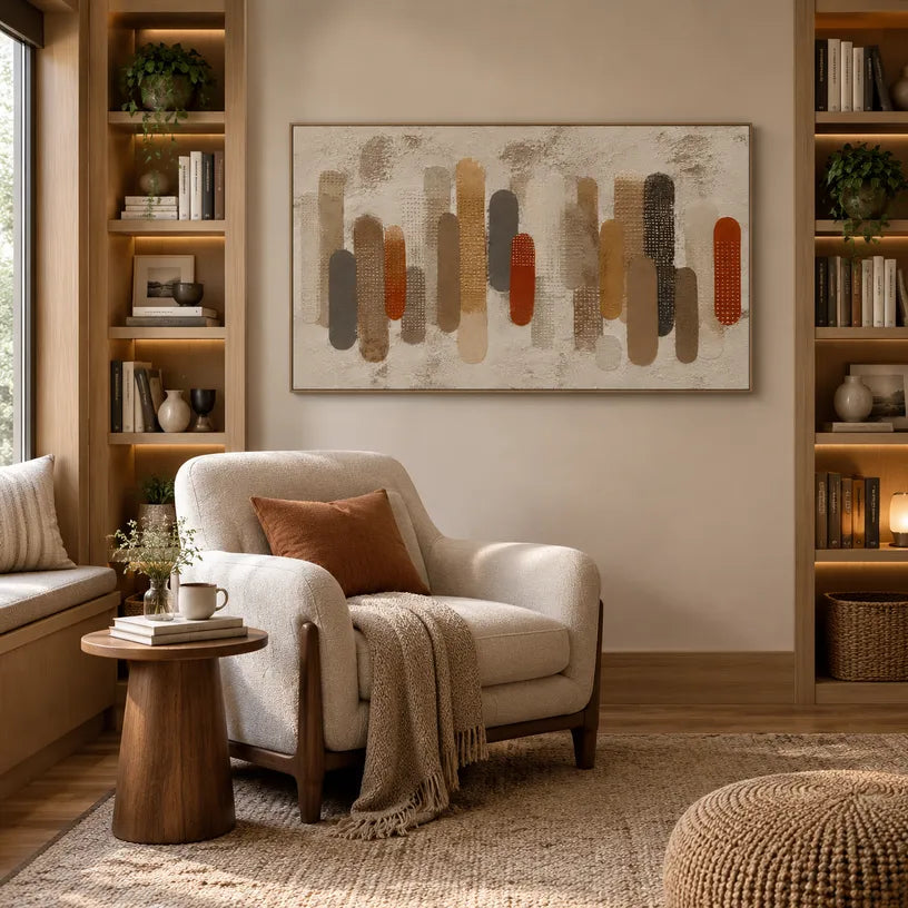 Wabi-Sabi abstract oil painting showing layered abstract marks, texture and expressive painterly movement in a brown palette.