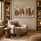 Wabi-Sabi abstract oil painting showing layered abstract marks, texture and expressive painterly movement in a brown palette.