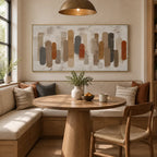 Wabi-Sabi abstract oil painting showing layered abstract marks, texture and expressive painterly movement in a brown palette.