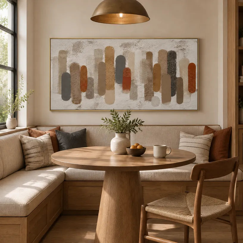 Wabi-Sabi abstract oil painting showing layered abstract marks, texture and expressive painterly movement in a brown palette.